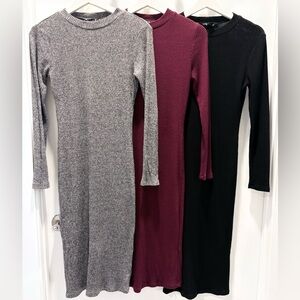 Elegant Women's Ribbed Knit Dress - Gray, Burgundy, Black